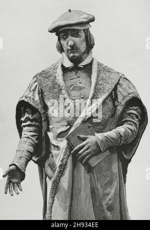 Juan Luis vives (1493-1540).Humaniste, philosophe et éducateur espagnol.Gravure d'une statue de José Aixa (1844-1920), érigée dans la cour de l'Université de Valence.Gravure.La Ilustración Española y Americana, 1882. Banque D'Images