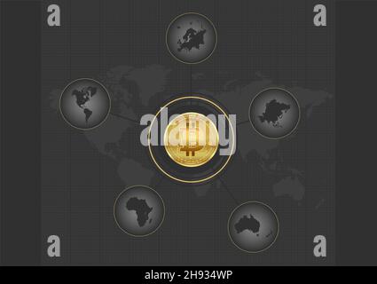 Carte Bitcoin et continents, infographies noir à plat sur papier graphique, vierge Banque D'Images