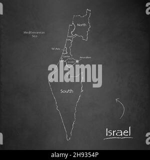 Carte d'Israël, sépare les régions et les noms, carte de conception noir, vecteur de tableau noir Illustration de Vecteur