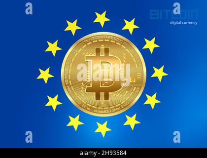 Drapeau européen avec icône Bitcoin, fond monétaire, vecteur lumineux lumineux lumineux lumineux Illustration de Vecteur