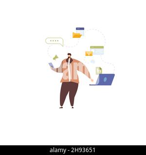 Personnes travaillant avec le Big Data, analysant et auditer les processus métier.Communication en ligne, analyse, gestion et multitâche. Illustration de Vecteur