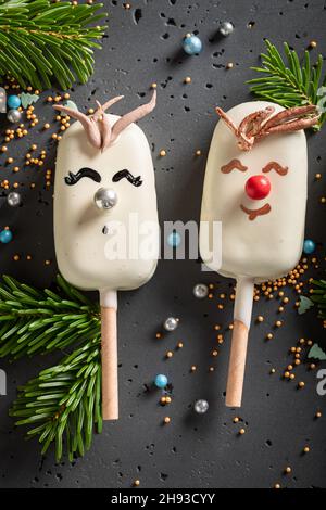 Des pop-sicles faits maison décorés comme des rennes pour Noël.Des friandises créatives et uniques pour Noël. Banque D'Images