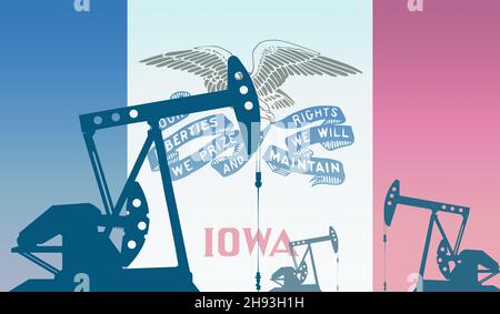 Silhouette de la pompe à huile contre le drapeau de l'État de l'Iowa USA.Pétrole brut et gaz de qualité extraction. Concept des champs pétroliers et des compagnies pétrolières, marché des hydrocarbures Banque D'Images