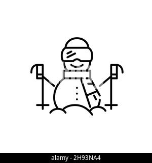 Bonhomme de neige portant des lunettes, un casque et une écharpe et tenant des bâtons de ski.Vacances d'hiver.Pixel Perfect, icône de contour modifiable Illustration de Vecteur