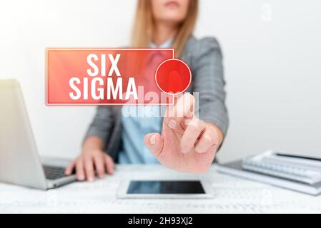 Légende de texte présentant six Sigma.Mot pour ensemble de techniques de gestion destinées à améliorer les processus d'affaires architecte interviewant client, Reporther Banque D'Images