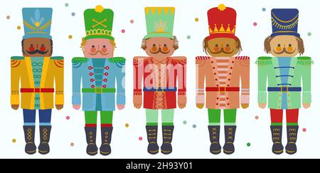 Vecteur nutcracker soldat image plate dessin ensemble classique Noël dessin animé style cinq cadeau marionnette en bois décoration armée jouet. Illustration de Vecteur