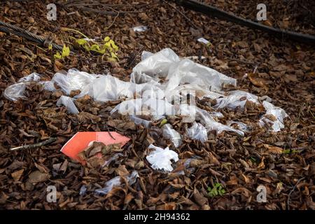 Énorme pile de déchets en plastique dans la prairie forestière.Pollution de l'environnement avec du plastique et d'autres déchets recyclables.Crise du réchauffement climatique et de l'écologie Banque D'Images