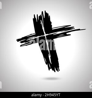 Icône de croix noire cousu à la main, signe de croix chrétienne simple, symbole de croix peint à la main créé avec une brosse à encre réelle isolée Illustration de Vecteur