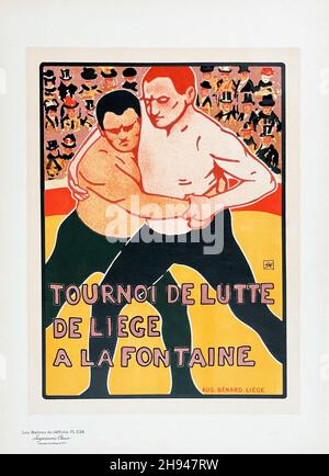 Les maîtres de l'Affiche - assiette 224 Tournoi de lutte de Liège à la Fontaine Armand RASSENFOSSE.1900. Lutte Banque D'Images