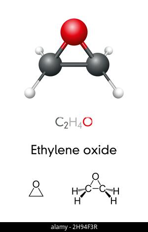 Oxyde d'éthylène, C2H4O, modèle moléculaire et formule chimique.Également connu sous le nom d'oxirane, est un composé organique mutagène. Désinfectant de surface Banque D'Images