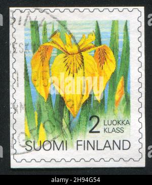FINLANDE - VERS 1993: Timbre imprimé par la Finlande, montre l'iris jaune, vers 1993 Banque D'Images