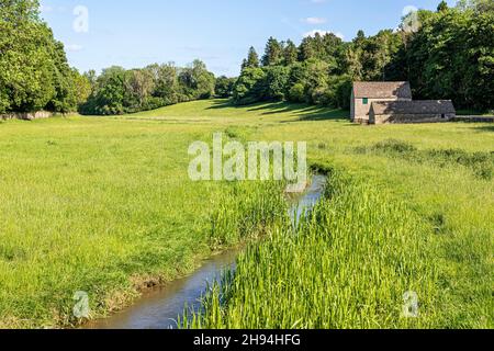 De vieilles granges en pierre à côté de la rivière Coln en juin près du village de Cotswold de Yanworth, Gloucestershire, Royaume-Uni Banque D'Images