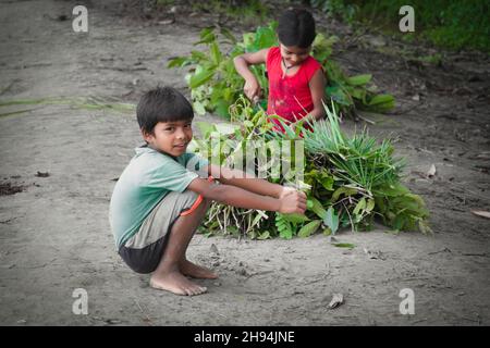 Portrait souriant d'une petite fille ou d'un garçon de la région rurale de l'Inde Banque D'Images