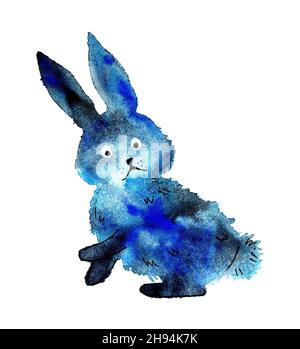 Lapin bleu aquarelle.Un transfert arbitraire à partir duquel le lièvre s'est avéré.Illustration amusante pour les enfants.Isolé sur fond blanc.Dessiné à la main. Banque D'Images