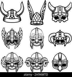 Jeu d'illustrations de casques viking.Élément de design pour logo, étiquette, signe, emblème, affiche.Illustration vectorielle Illustration de Vecteur