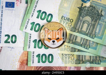 Pièce physique Shiba Inu qui s'élève au-dessus des factures de 100 euros. Banque D'Images