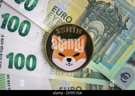 Pièce physique Shiba Inu qui s'élève au-dessus des factures de 100 euros. Banque D'Images