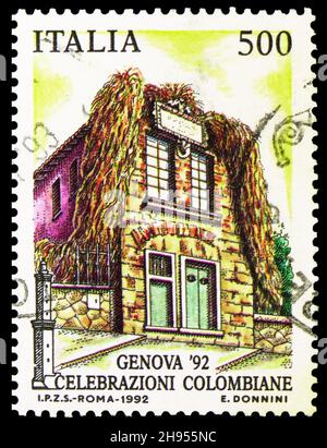 MOSCOU, RUSSIE - 24 OCTOBRE 2021: Timbre-poste imprimé en Italie montre Genova 92 International Thematic Stamp Exhibition, série, vers 1992 Banque D'Images