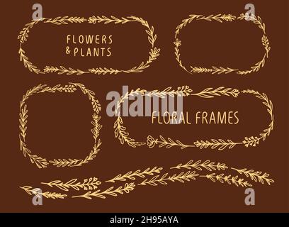 Couronne à feuilles fleuries.Cadres de fleurs et de plantes pour le mariage, le jour de la Saint Valentin, les cartes d'anniversaire, les invitations Illustration de Vecteur