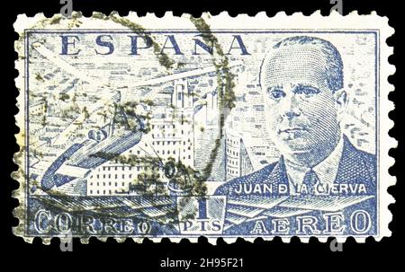 MOSCOU, RUSSIE - 24 OCTOBRE 2021: Timbre-poste imprimé en Espagne montre Juan de la Cierva, série, vers 1941 Banque D'Images