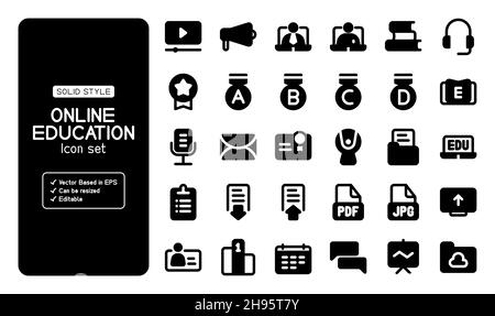 Ensemble d'icônes de formation en ligne et de vecteur informatique.Il peut être utilisé dans l'enseignement en ligne. Il contient icône de streaming, scores, webcam, rang et plus encore. Illustration de Vecteur