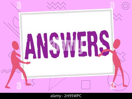 Réponses à l'écriture manuscrite.Mot écrit sur les réactions réponses aux questions déclarations ou choix de situations deux collègues debout portant grand Banque D'Images