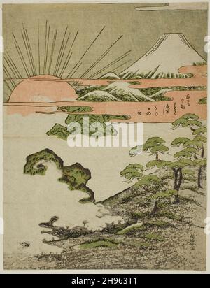 Vue sur le Mont Fuji au lever du soleil le jour de l'an, c.1772. Banque D'Images