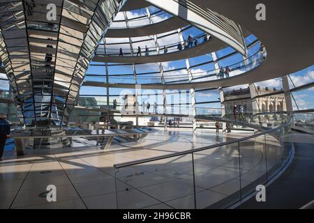 Le dôme du Reichstag sur le toit du Bundestag allemand à Berlin Mitte de l'intérieur.Architecture moderne en aluminium, verre et miroirs. Banque D'Images