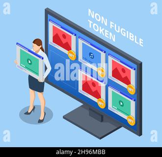 Le jeton non fongible Isométrique NFT est une unité unique et non interchangeable de données stockées sur une chaîne de blocs de grand livre numérique.Art numérique NFT, génératif Illustration de Vecteur