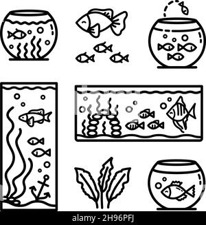 Aquarium réservoirs présentent des icônes ensemble, différents types d'aquariums avec des plantes et des poissons.Illustrations vectorielles isolées en blanc. Illustration de Vecteur