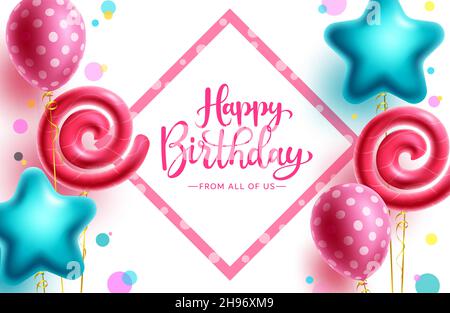 Modèle de vecteur d'anniversaire.Texte typographique joyeux anniversaire dans le cadre avec motif de ballons et élément de forme pour la fête d'enfants de jour de naissance mignon. Illustration de Vecteur