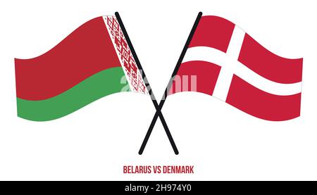 Biélorussie et Danemark drapeaux croisés et ondulant le style plat. Proportion officielle. Corriger les couleurs. Illustration de Vecteur