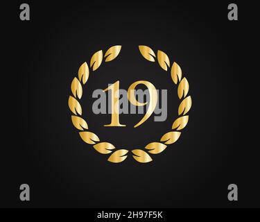 Modèle de logo de la bague du 19e anniversaire.Logo du 19e anniversaire avec anneau d'or isolé sur fond noir, pour anniversaire, anniversaire et compagnie Illustration de Vecteur