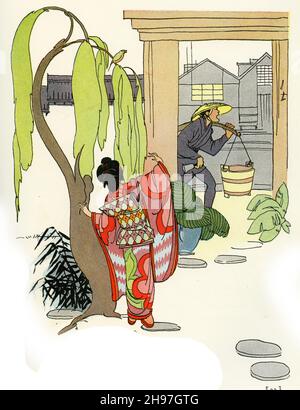 Illustration pittoresque de la vie traditionnelle au Japon, publiée vers 1928 Banque D'Images