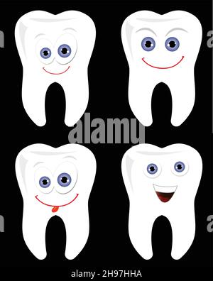 Happy tooth avec dents souriantes isolées sur fond noir vecteur jeu d'illustrations.Soins dentaires clipart Illustration de Vecteur