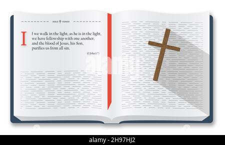 Meilleurs versets de la Bible à se rappeler - 1 Jean 1:7.La Sainte Bible cite les péchés et la pureté, illustration de la Bible isolée sur fond blanc Banque D'Images