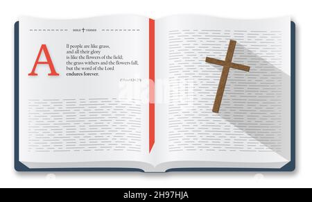 Meilleurs versets de la Bible à se rappeler - 1 Pierre 1:24-25.La Sainte Bible cite les gens et la parole de Dieu, illustration de la Bible isolée sur fond blanc Banque D'Images