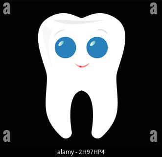 Illustration de vecteur de dent heureuse, logo de caractère de dent pour une clinique de dentiste isolée sur fond noir.Clipart de soins dentaires, idées de logo.Stomatolo Illustration de Vecteur