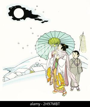 Illustration pittoresque de la vie traditionnelle au Japon pendant l'hiver, publiée vers 1928 Banque D'Images