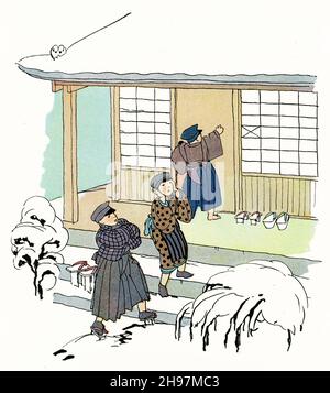 Illustration pittoresque de la vie traditionnelle au Japon pendant l'hiver, publiée vers 1928 Banque D'Images