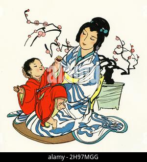 Illustration pittoresque de la vie traditionnelle au Japon, avec une mère et son enfant; publié vers 1928 Banque D'Images