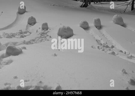 Boules de neige en forme de roue formées en roulant sur une pente effet noir et blanc Banque D'Images