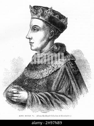 Portrait gravé de Henry V (16 septembre 1386 – 31 août 1422), également appelé Henry de Monmouth, fut roi d'Angleterre de 1413 jusqu'à sa mort en 1422. Banque D'Images