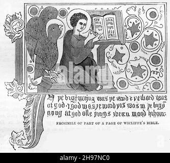 Télécopie d'une page d'une Bible de John Wycliffe, montrant le premier verset de l'évangile de Jean. Banque D'Images