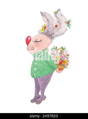 Lapin de Pâques aquarelle.Un lapin tient un panier avec des fleurs et des oeufs de Pâques derrière une broche Banque D'Images