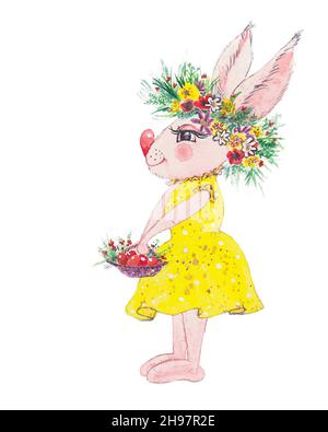 Lapin de Pâques aquarelle.Fille de lapin avec un panier de fleurs Banque D'Images