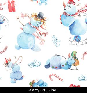 neige hiver modèle sans couture. bonhomme de neige dans différents chapeaux. patins, foulards, canne à sucre Banque D'Images