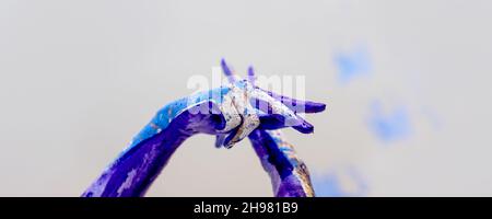 Belles mains d'une jeune femme peinte de façon artistique et abstraite, ballerine avec blanc, bleu et violet, peinture violette, peinture créative d'art corporel, copie Banque D'Images