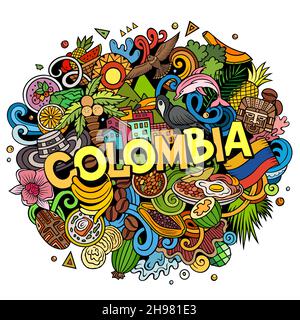 Illustration d'un dessin animé à la main représentant la Colombie.Drôle de design colombien.Arrière-plan vectoriel créatif.Texte manuscrit avec éléments latino-américains et Illustration de Vecteur