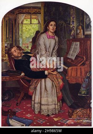 La conscience d'Awakening, 1852-1854.Une maîtresse ou une « femme gardée » et son amant ont joué et chanté à la « douce dans la nuit de Stilly » de Thomas Moore.Soudain, elle a un moment de révélation: Elle a perdu son innocence mais le rayon de lumière au premier plan indique que la rédemption est encore possible.L'image est pleine de symbolisme : le chat qui grimperait avec un oiseau brisé fait écho au sort de la femme, et le gant jeté par un homme nous avertit que le destin probable d'une maîtresse abandonnée était la prostitution.La moralité victorienne a dicté que les femmes étaient les gardiennes de la 'pureté' tandis que les hommes portaient l Banque D'Images